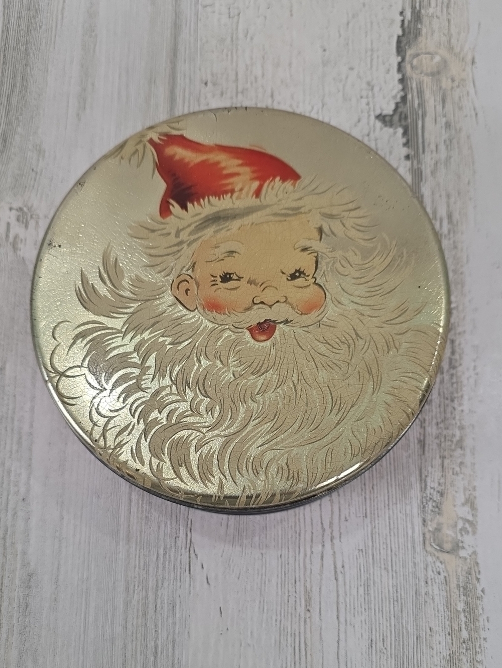 Vintage Mrs. Steven's Chicago Goldtone Red Santa Tin Holiday Decorative Tin